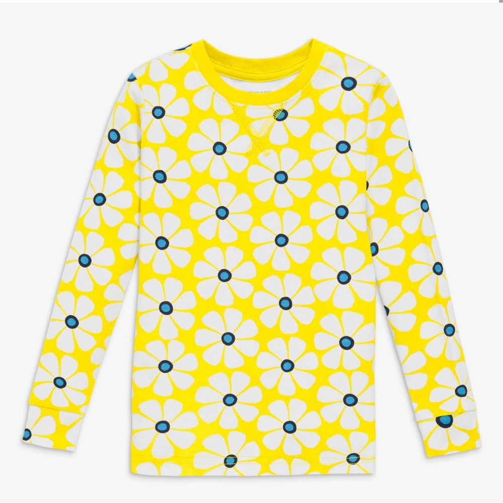Primary Yellow and White Floral Pajama Set with Long Sleeves